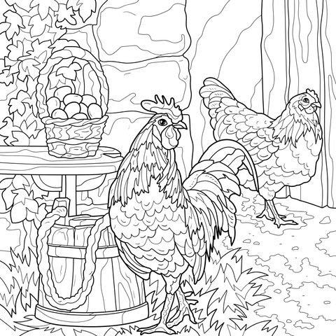 Rooster and Hen Coloring Page on the Farm