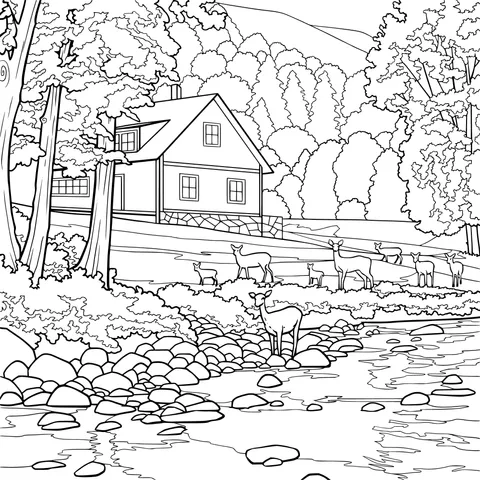 Log Cabin and Deer by the Stream