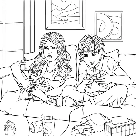Two people playing games on the sofa