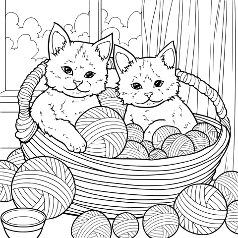 Two Kittens and Yarn Balls in a Basket