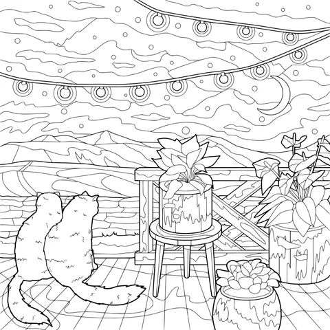 Cats and Potted Plants under the Moonlit Night