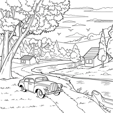 Autumn rural scenery and car