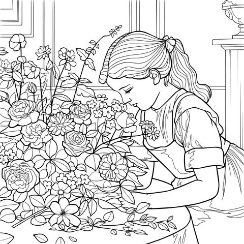 女孩专注插花