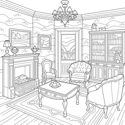 Cozy Living Room Coloring Page: Comfortable Furniture and Elegant Decor