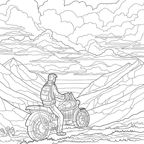 骑摩托车的山间旅人
