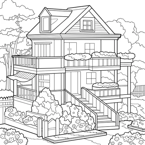 Two - story house surrounded by green trees