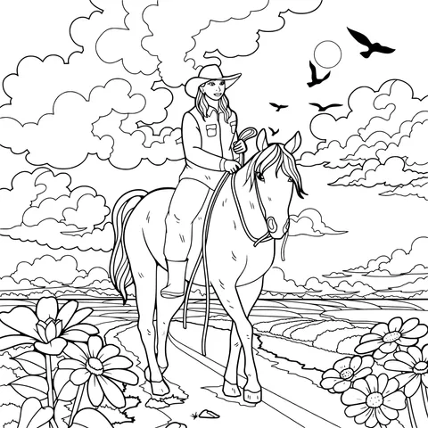 Woman riding a horse through a flower - filled field