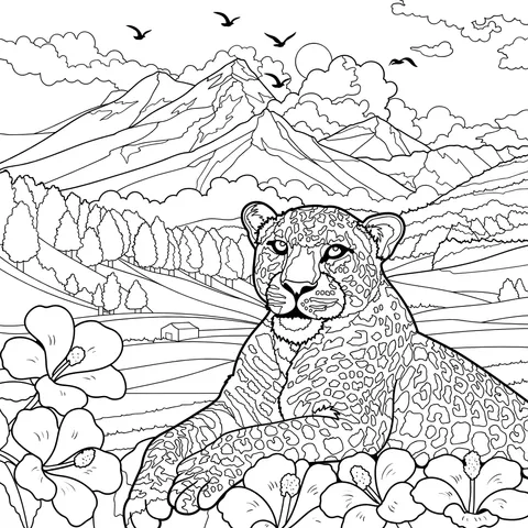 Leopard and Scenic Landscape with Flowers