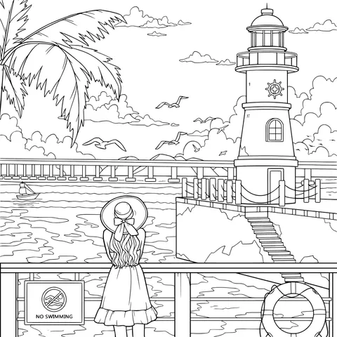 Girl and Lighthouse by the Sea