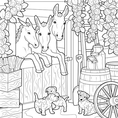 Farm Animal Coloring Page: A Lovely Scene of Donkeys and Puppies