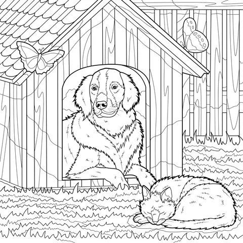 Dog and Cat beside the Doghouse