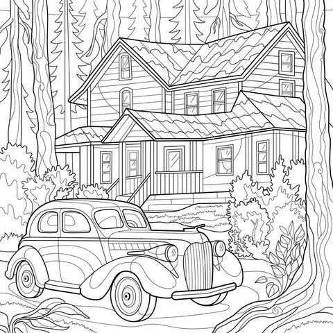Vintage Car and House in the Forest