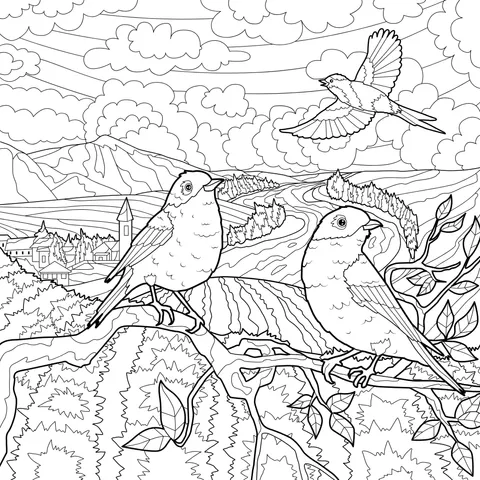 Two Birds on a Branch and Pastoral Scenery