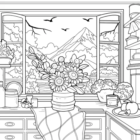 Flowers and Mountain View by the Window