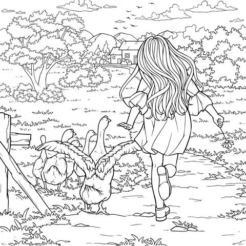 Girl walking with geese on a country path