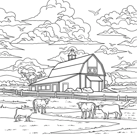 Red Barn and Cows in the Countryside