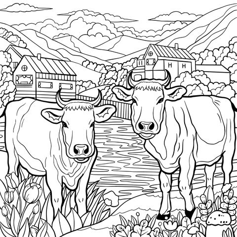 河畔双牛的乡村景致