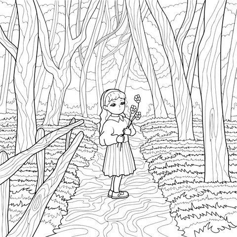 Girl holding flowers on a forest path