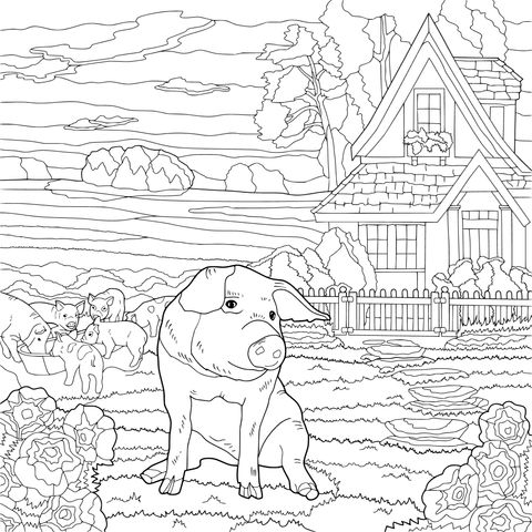 田园中的猪群与小屋