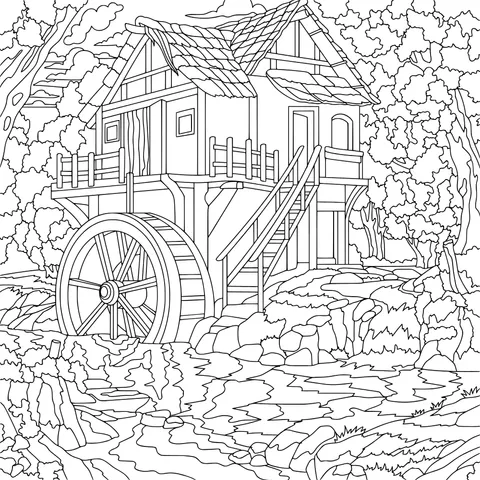 Wooden House and Water - wheel by the Stream