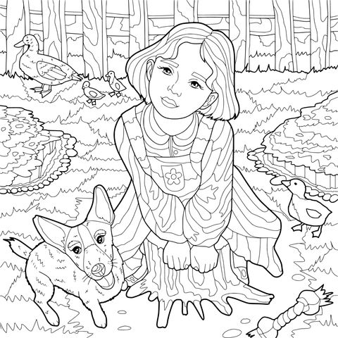 女孩与宠物及鸭子在花园
