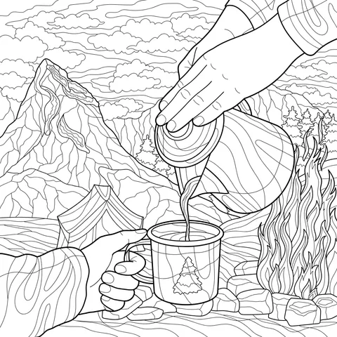 Pouring coffee by the mountain campfire