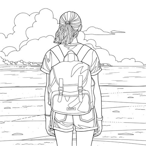 海滩上背着粉色背包的女孩