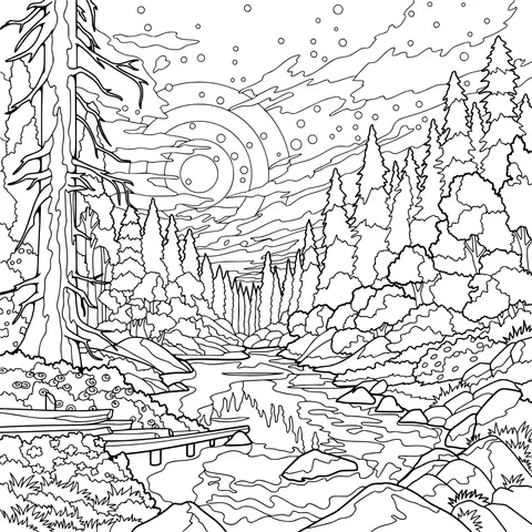 Forest Stream under the Moonlit Night