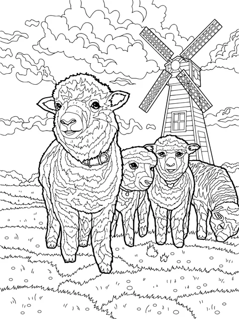 A Family of Alpacas by the Windmill