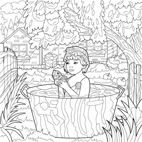 Girl playing in an outdoor bathtub