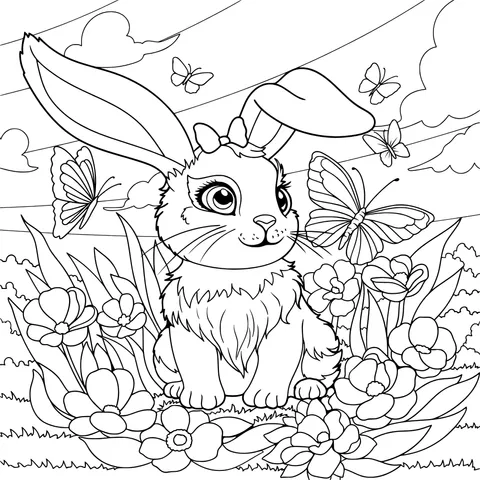 Rabbit and Butterflies in the Flower Bed
