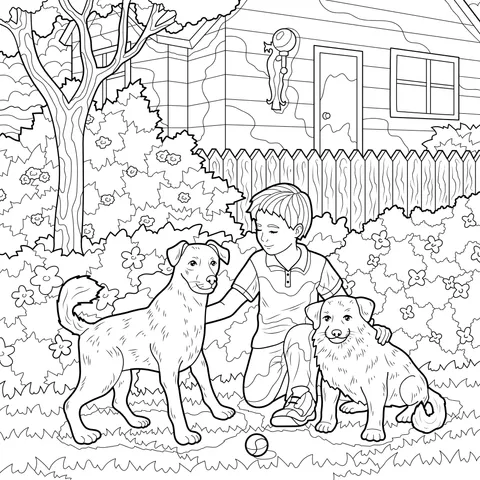 A Boy and Two Dogs in the Yard