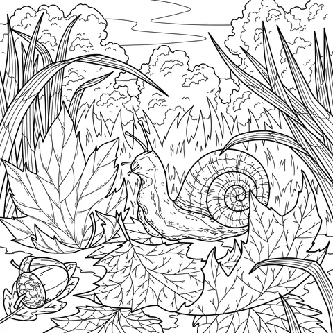 Snail and Autumn Leaves in the Grass