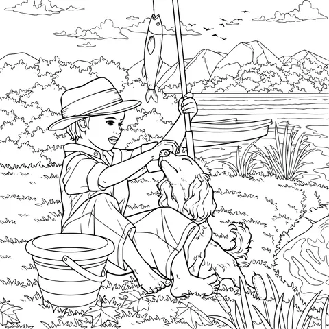 A Boy's Fishing Time with His Dog