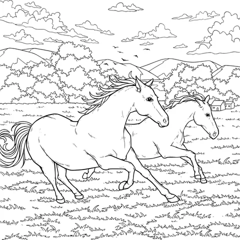 Two horses galloping on the grassland