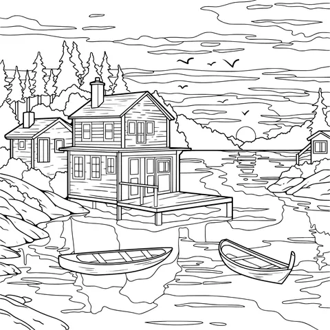 Cottages and Boats by the Lake at Sunset