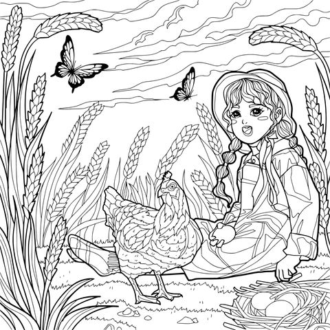 田野间的女孩与母鸡