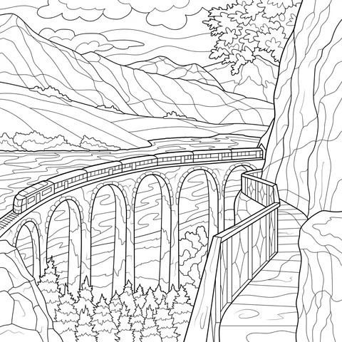 Train Running on a Bridge in the Mountains