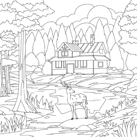 Forest Cottage and Fawn by the Stream