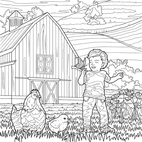 Child and animals on the farm