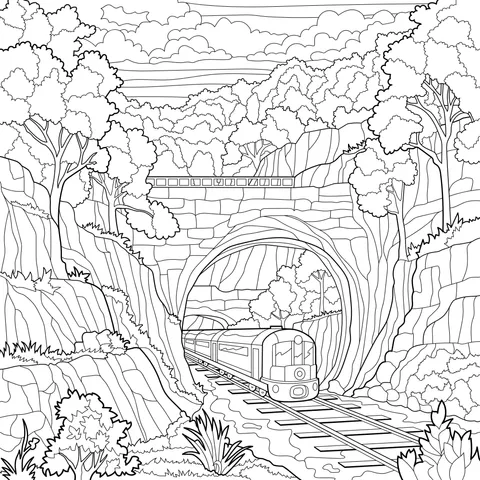 Train passing through a mountain - forest tunnel