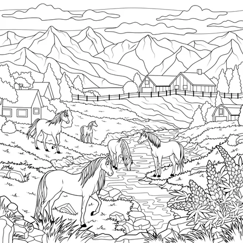 Horses by the Riverside in the Countryside