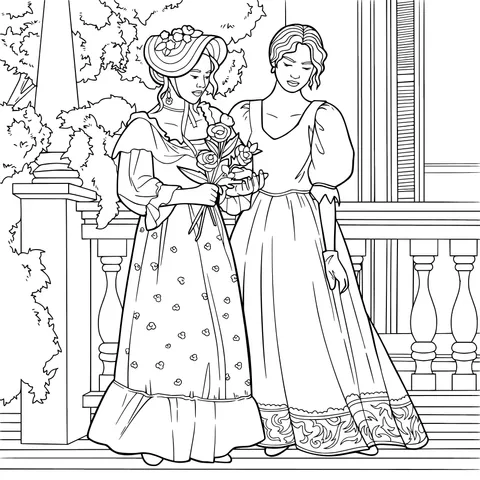 Two ladies in vintage - style long dresses