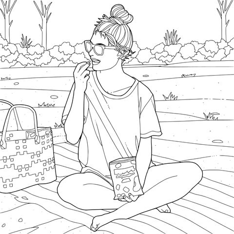 在户外野餐的女子