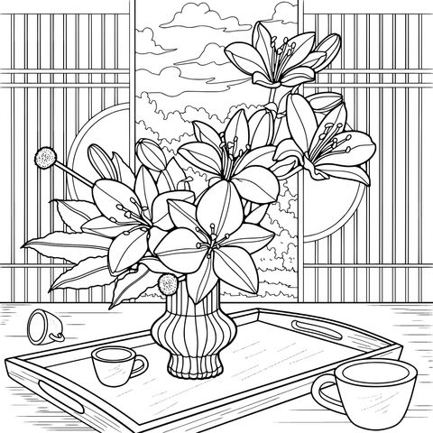花瓶中的百合花与托盘上的杯子