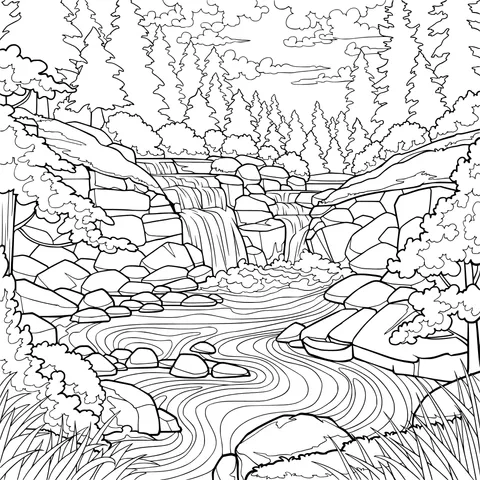 Waterfall and Stream in the Mountain Forest