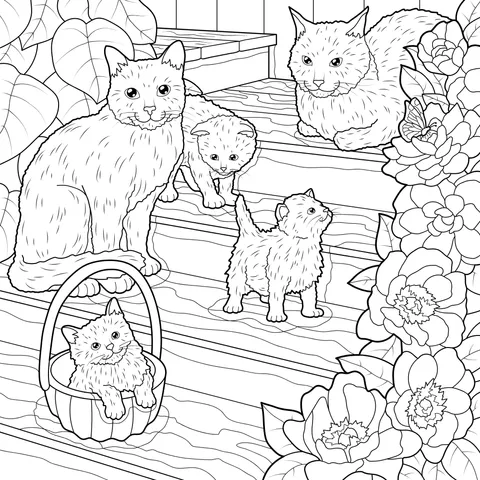 Cats on the steps beside the flowers