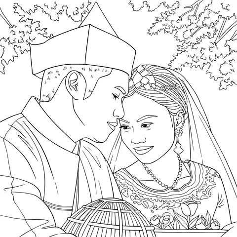 Newly - wed couple in traditional costumes
