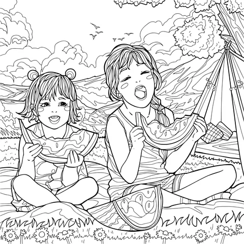 Girls happily eating watermelons outdoors