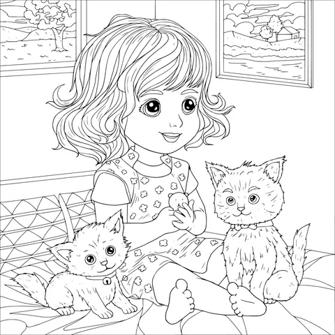 Girl and Two Cats